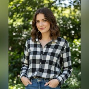 Lucky Brand Black and White Plaid Button Down Shirt